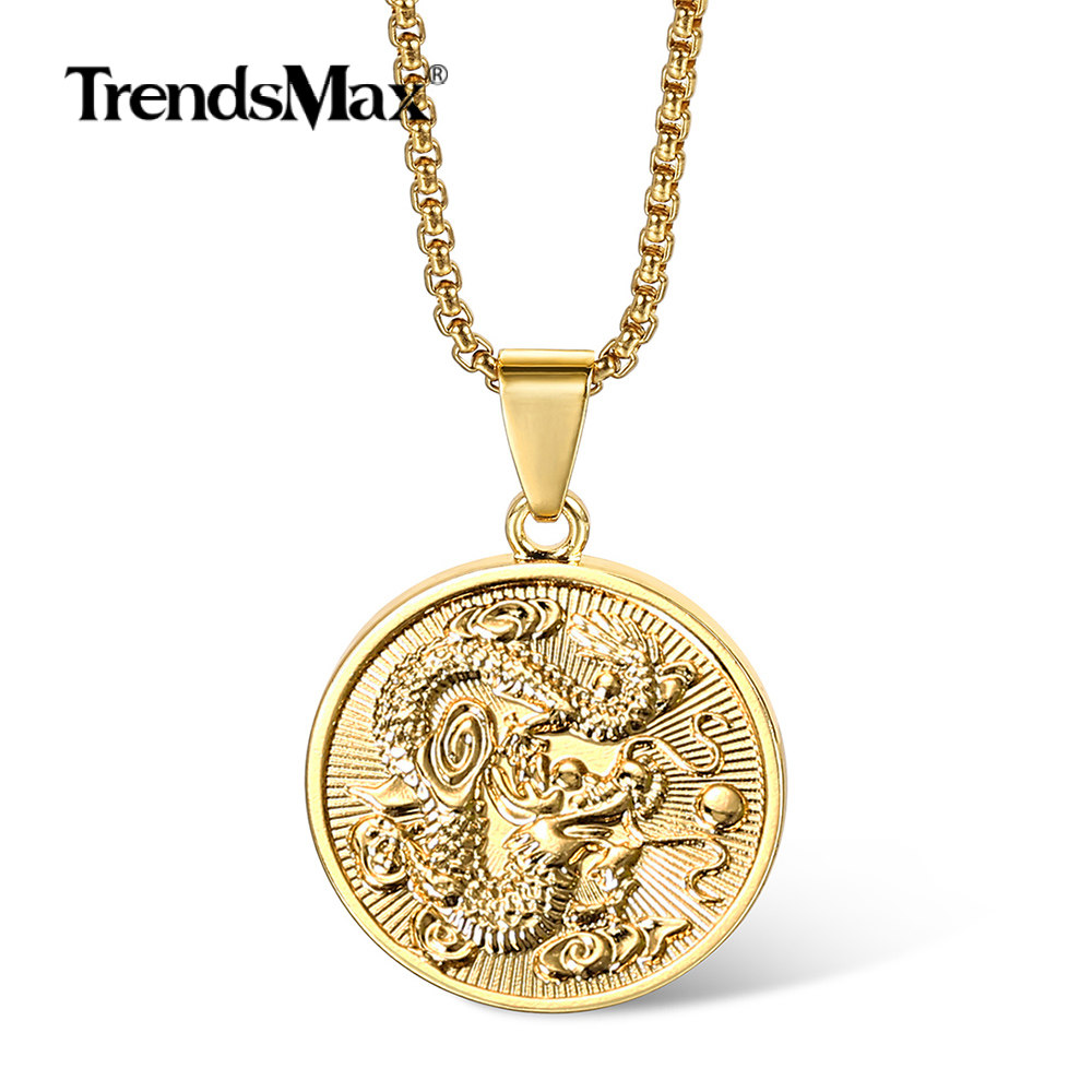 Gold Plated Round Chinese Dragon Tag Pendant Necklace Men Women 18-30" Box Chain