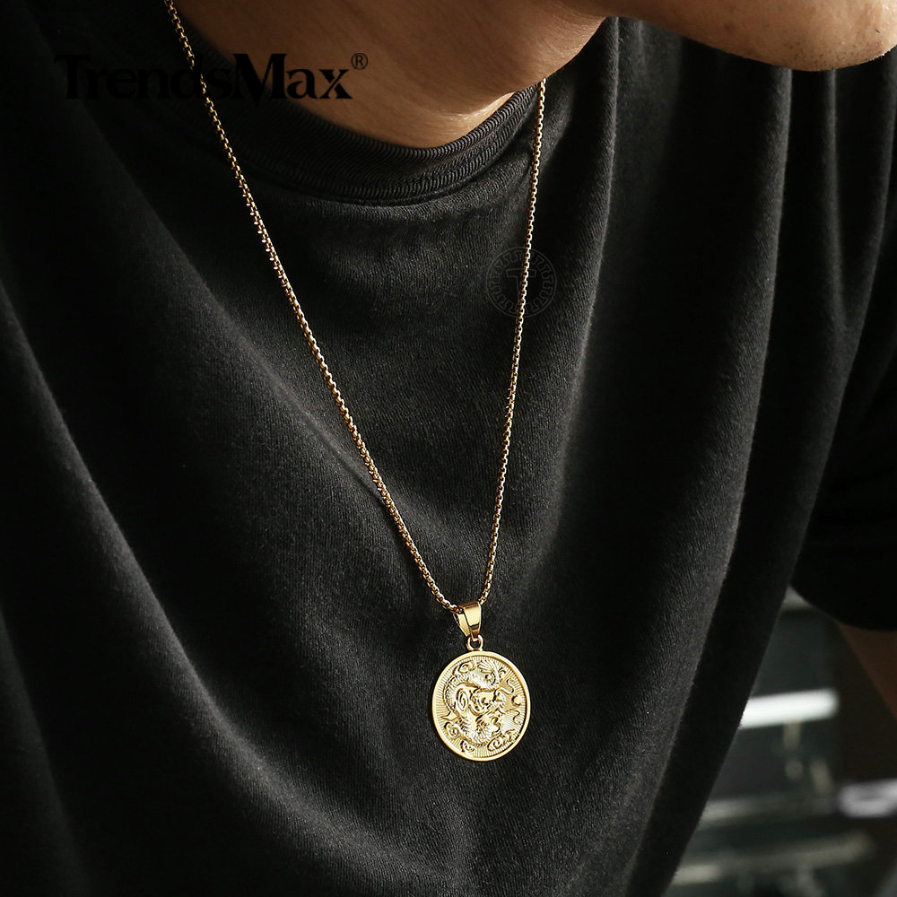 Gold Plated Round Chinese Dragon Tag Pendant Necklace Men Women 18-30" Box Chain