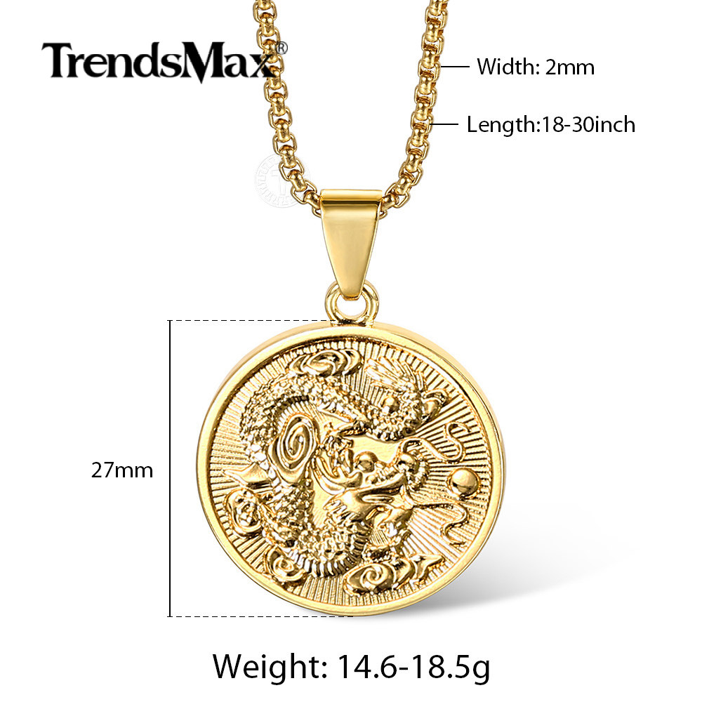 Gold Plated Round Chinese Dragon Tag Pendant Necklace Men Women 18-30" Box Chain