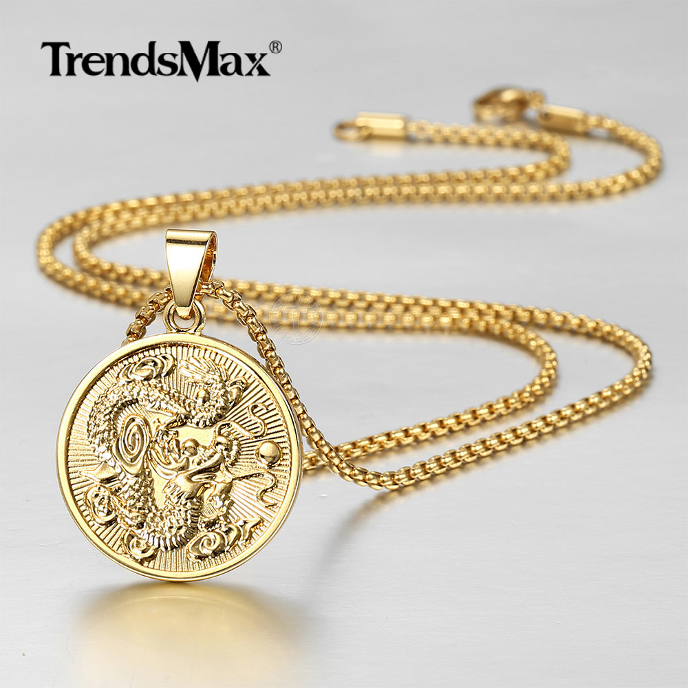 Gold Plated Round Chinese Dragon Tag Pendant Necklace Men Women 18-30" Box Chain