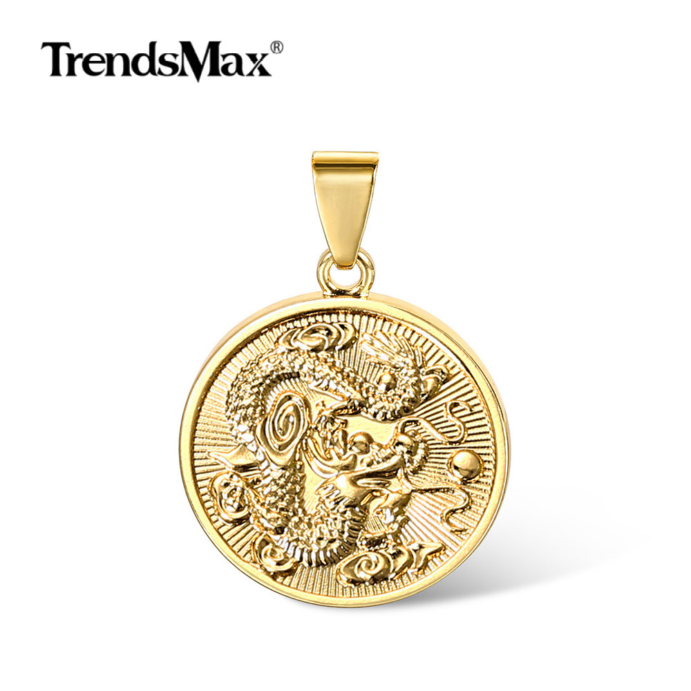 Gold Plated Round Chinese Dragon Tag Pendant Necklace Men Women 18-30" Box Chain