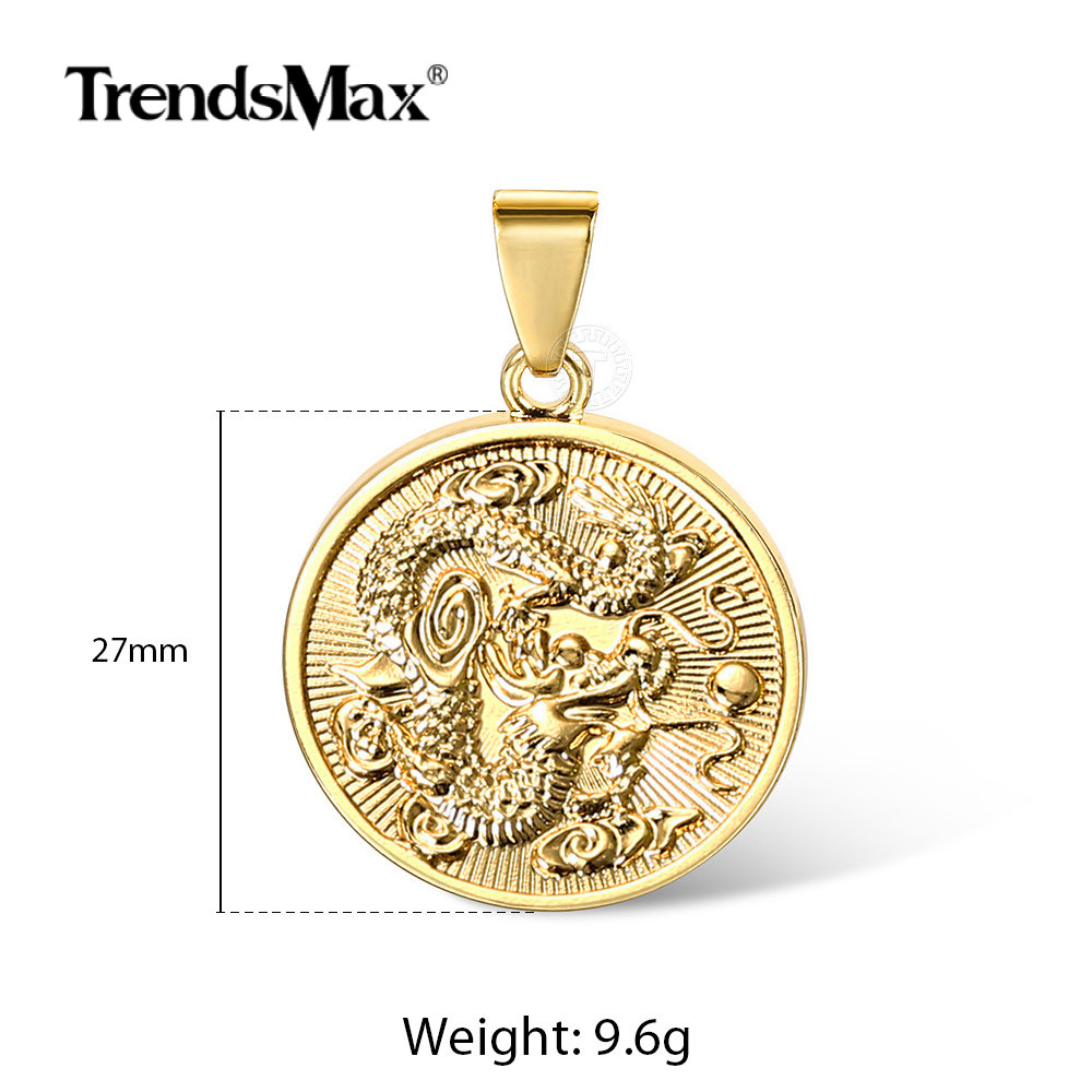 Gold Plated Round Chinese Dragon Tag Pendant Necklace Men Women 18-30" Box Chain