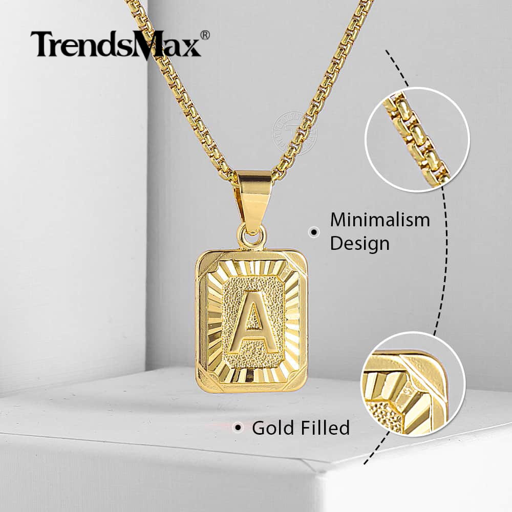 Gold Plated Pendant Necklace Square Initial Letter AZ Box Link Chain
